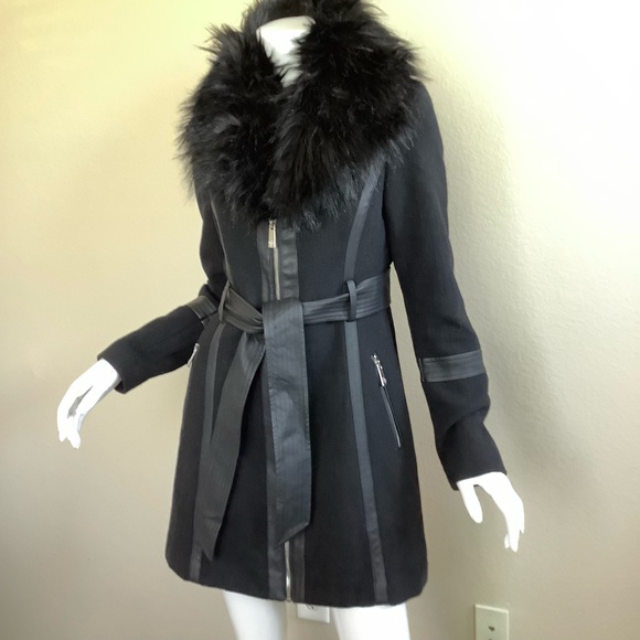Guess Black Faux Fur Trimmed Wool Coat - Picture 2 of 16